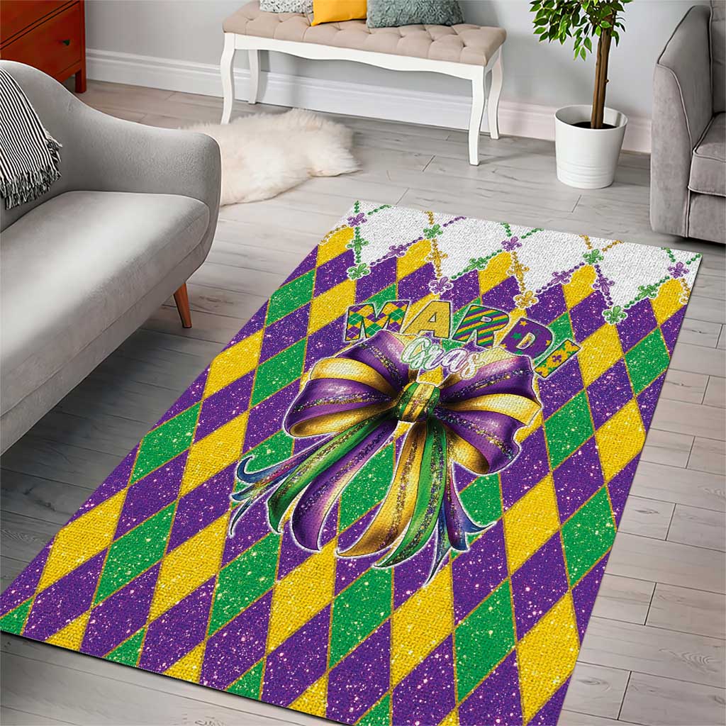 Colorful area rug with purple glitter bow centerpiece and multicolor diamond pattern