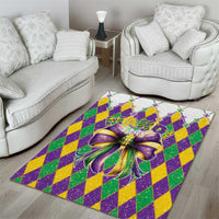 Colorful Mardi Gras area rug with purple glitter bow on a green, yellow, and purple diamond print