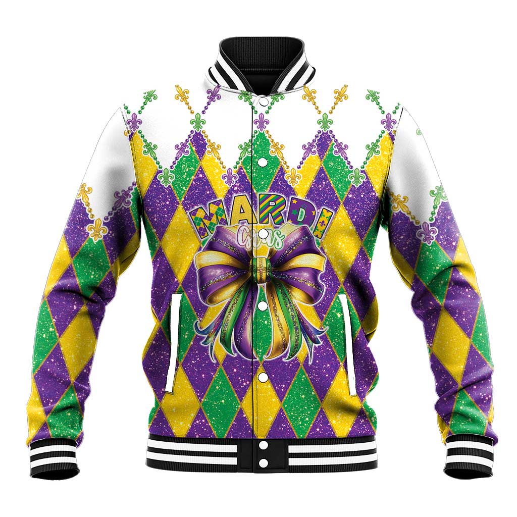 Colorful Mardi Gras baseball jacket with striped collar, argyle pattern, and chest bow