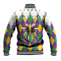 Colorful Mardi Gras baseball jacket with striped collar and back bow over argyle pattern