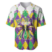 Mardi Gras baseball jersey with fleur-de-lis diamonds, large purple-gold bow, glitter print
