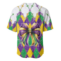 Mardi Gras baseball jersey back with glitter diamond pattern and large purple-gold bow