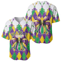 Mardi Gras baseball jerseys set with front and back views, glitter diamonds, large bow