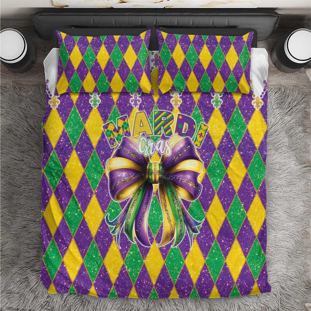 Colorful Mardi Gras bedding set with purple, green, and yellow diamond pattern and bow center