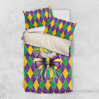 Colorful Mardi Gras bedding set with diamond pattern, pillowcases, and large purple bow on duvet