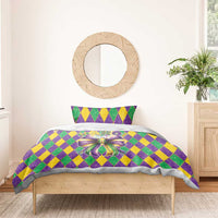 Mardi Gras bedding set with purple, green, yellow diamond pattern, bow top, and matching pillows