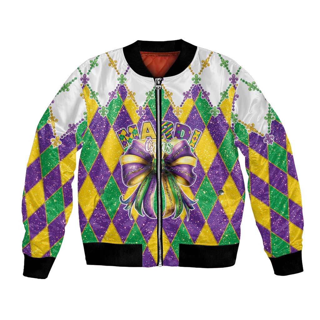 Colorful glitter bomber jacket with argyle diamonds, fleur-de-lis trim, zipper front, ribbed cuffs