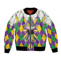 Colorful glitter bomber jacket with argyle diamonds, fleur-de-lis trim, zipper front, ribbed cuffs