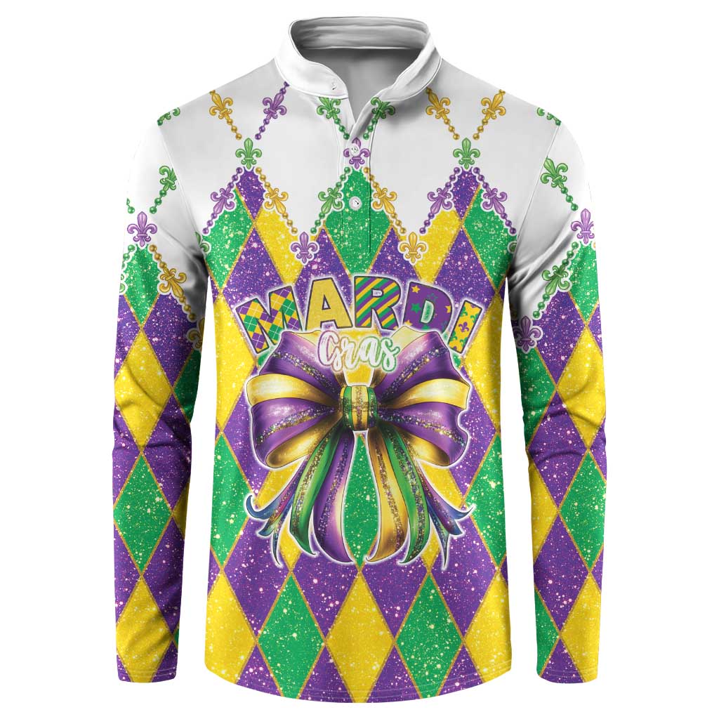 White Mardi Gras glitter sweatshirt with diamond pattern, fleur-de-lis trim, large bow graphic
