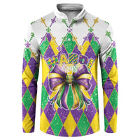 White Mardi Gras glitter sweatshirt with diamond pattern, fleur-de-lis trim, large bow graphic