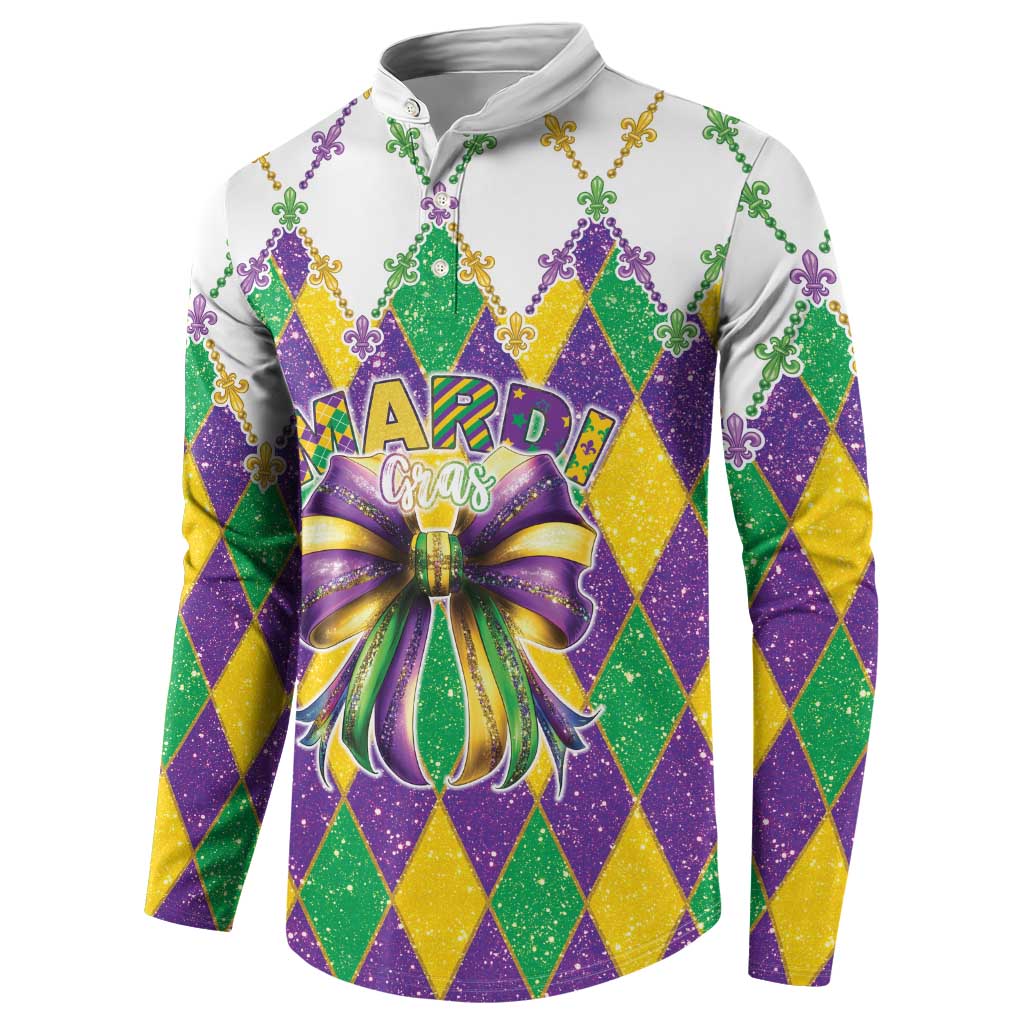 White long-sleeve Mardi Gras sweatshirt with diamond pattern and central glitter bow graphic