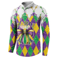 White long-sleeve Mardi Gras sweatshirt with diamond pattern and central glitter bow graphic