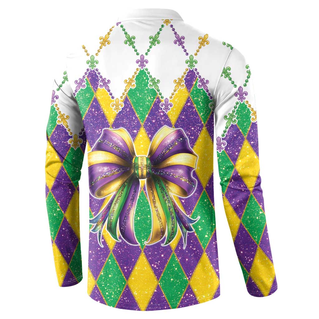 White Mardi Gras sweatshirt, back view, diamond pattern with glitter bow and fleur-de-lis accents