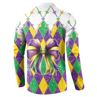 White Mardi Gras sweatshirt, back view, diamond pattern with glitter bow and fleur-de-lis accents
