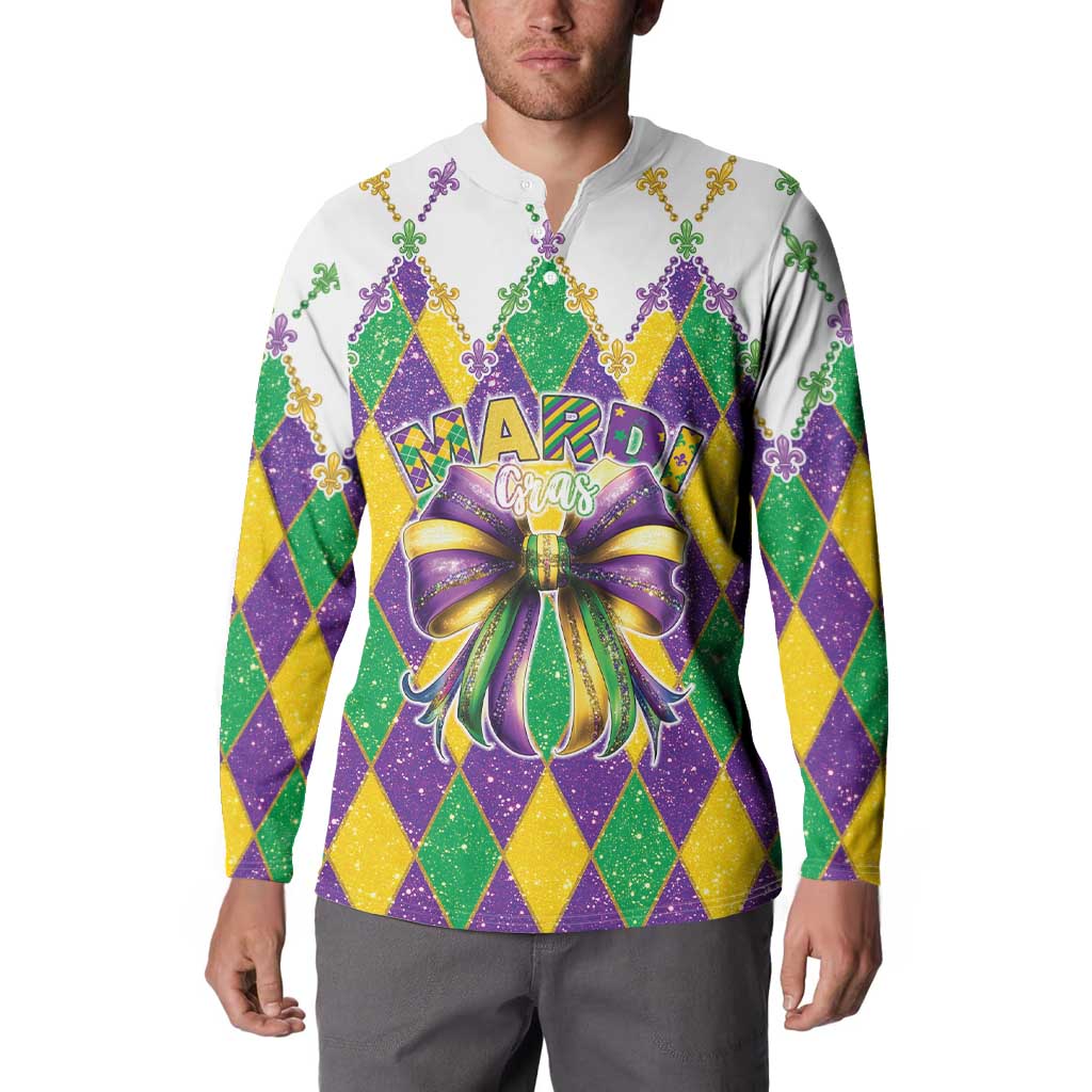 Mens white Mardi Gras sweatshirt on model, diamond pattern and glitter bow centerpiece
