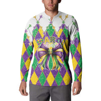 Mens white Mardi Gras sweatshirt on model, diamond pattern and glitter bow centerpiece