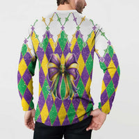 Back view white Mardi Gras sweatshirt with diamond pattern, fleur-de-lis trim, glitter bow graphic