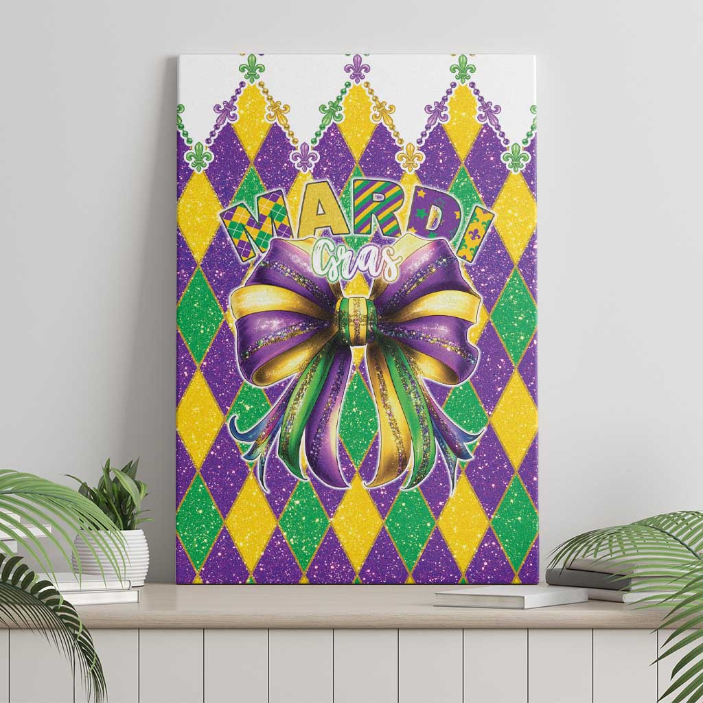 Mardi Gras canvas wall art with colorful diamond pattern, large bow, and white border