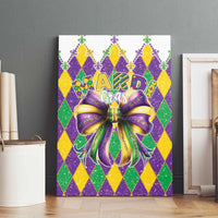 Mardi Gras canvas wall art with large purple-gold bow and rainbow diamond background