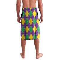 Glitter diamond-print wrap skirt with purple trim and purple-green-yellow diamond pattern