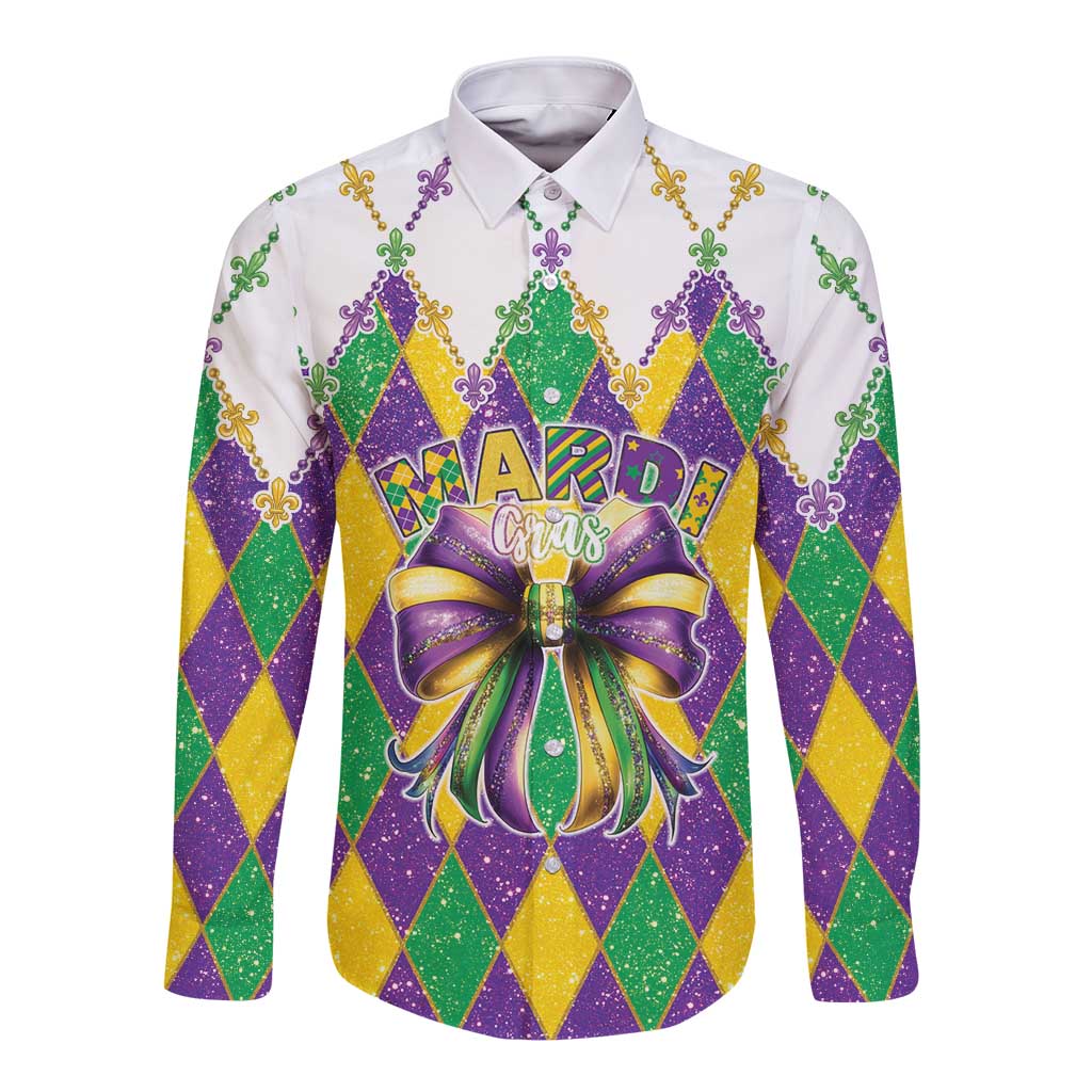 Colorful long-sleeve button shirt with Mardi Gras argyle and large chest bow