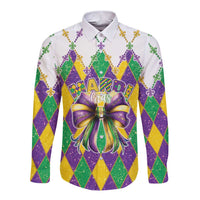 Colorful long-sleeve button shirt with Mardi Gras argyle and large chest bow