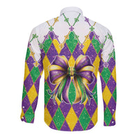 Colorful long-sleeve button shirt with back bow and fleur-de-lis argyle pattern