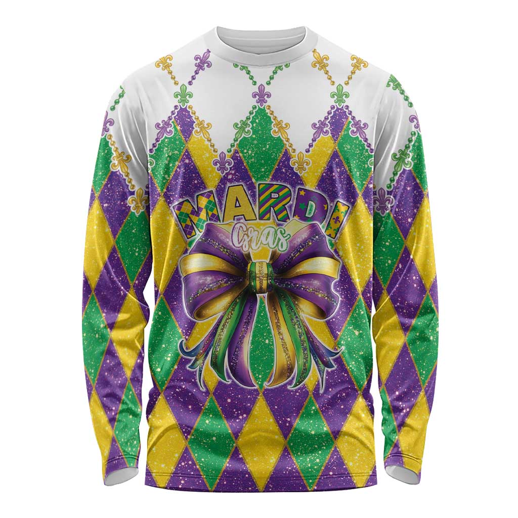 Unisex long-sleeve shirt with colorful diamond pattern and purple/gold glitter Mardi Gras bow