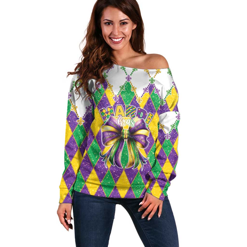 Love Mardi Gras Off Shoulder Sweater Coquette Bow Glitter Style