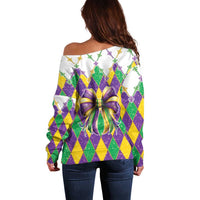 Women’s off-shoulder sweater, back view, multicolor diamond print with large bow graphic