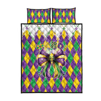 Mardi Gras quilt with two matching pillows, purple green yellow diamonds and bow centerpiece