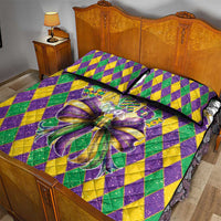 Mardi Gras quilt and two pillows in purple, green, yellow diamond pattern with bow design