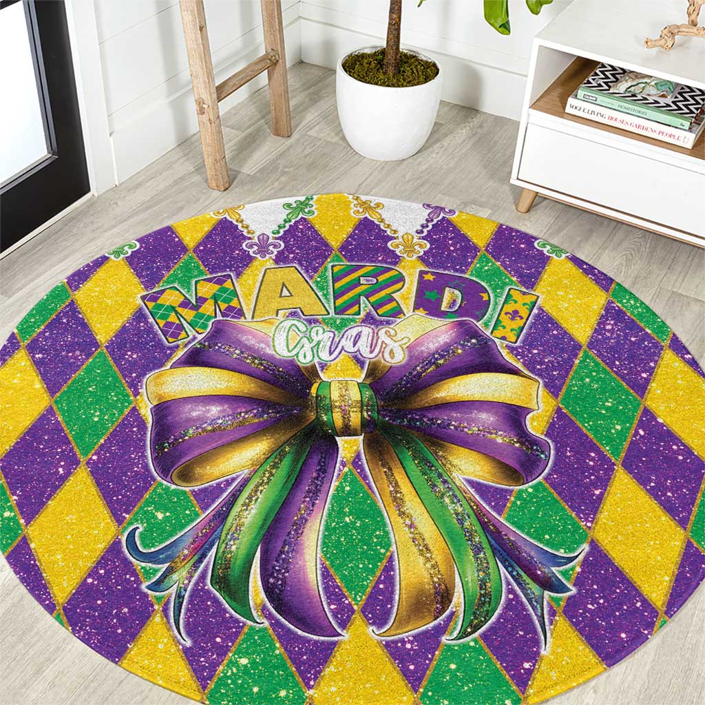 Round glitter Mardi Gras carpet with purple, green, and gold checker pattern and bow center
