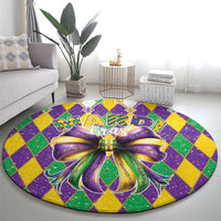 Round glitter Mardi Gras carpet with centered bow and “Mardi Gras” lettering on purple
