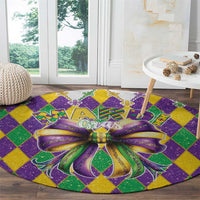 Round glitter Mardi Gras carpet with central multicolor bow over purple diamond grid