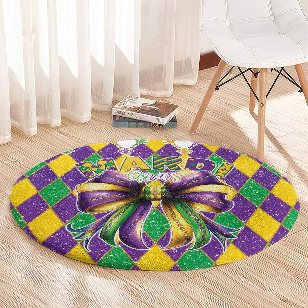 Round glitter Mardi Gras carpet with purple checker pattern and gold-green border, circular