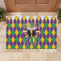 Colorful diamond-pattern Mardi Gras rubber doormat with glitter bow and fleur-de-lis