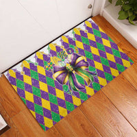Colorful diamond Mardi Gras rubber doormat with glitter bow center and fleur-de-lis trim