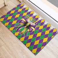 Diamond-pattern rubber doormat with Mardi Gras glitter bow and Fleur-de-lis details