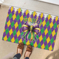 Mardi Gras rubber doormat with colorful diamond grid, glitter bow, and fleur-de-lis accents