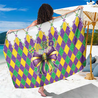 Mardi Gras sarong with green, purple, yellow diamond pattern, glitter 'Mardi Gras' text, bow