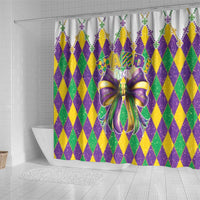 Mardi Gras shower curtain with purple, green, and yellow diamond pattern and large bow