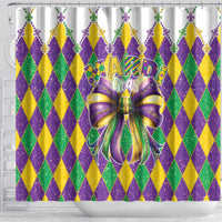 Colorful Mardi Gras shower curtain with glitter diamonds, fleur-de-lis accents, and purple bow