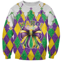 Colorful Mardi Gras sweatshirt with purple glitter bow and argyle pattern, crew neck