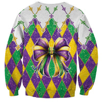 Colorful Mardi Gras sweatshirt with large glitter bow and diamond argyle pattern, crew neck