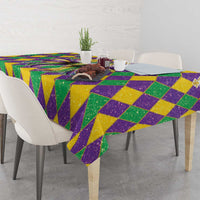 Glitter diamond tablecloth in purple, green, and gold with decorative fleur border