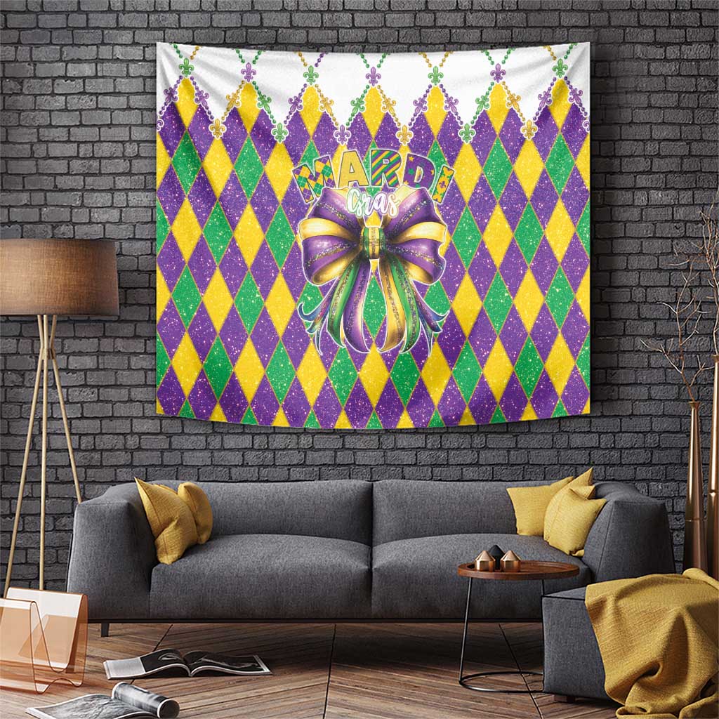 Mardi Gras wall tapestry with colorful diamond pattern and purple gold bow, Mardi Gras text