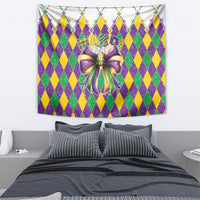 Colorful Mardi Gras wall tapestry featuring diamond pattern and glittery purple bow with Mardi Gras text