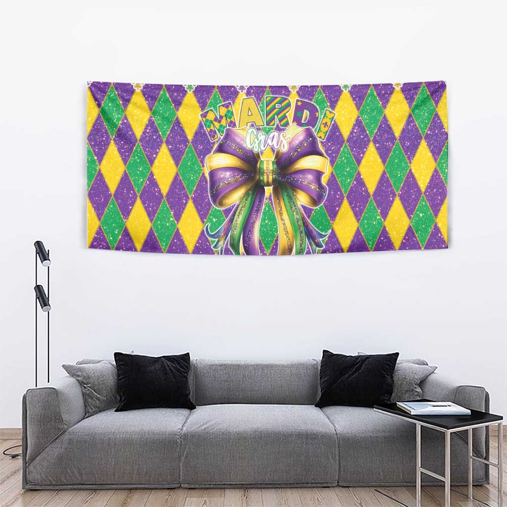 Mardi Gras wall tapestry with rainbow diamonds and large bow centerpiece