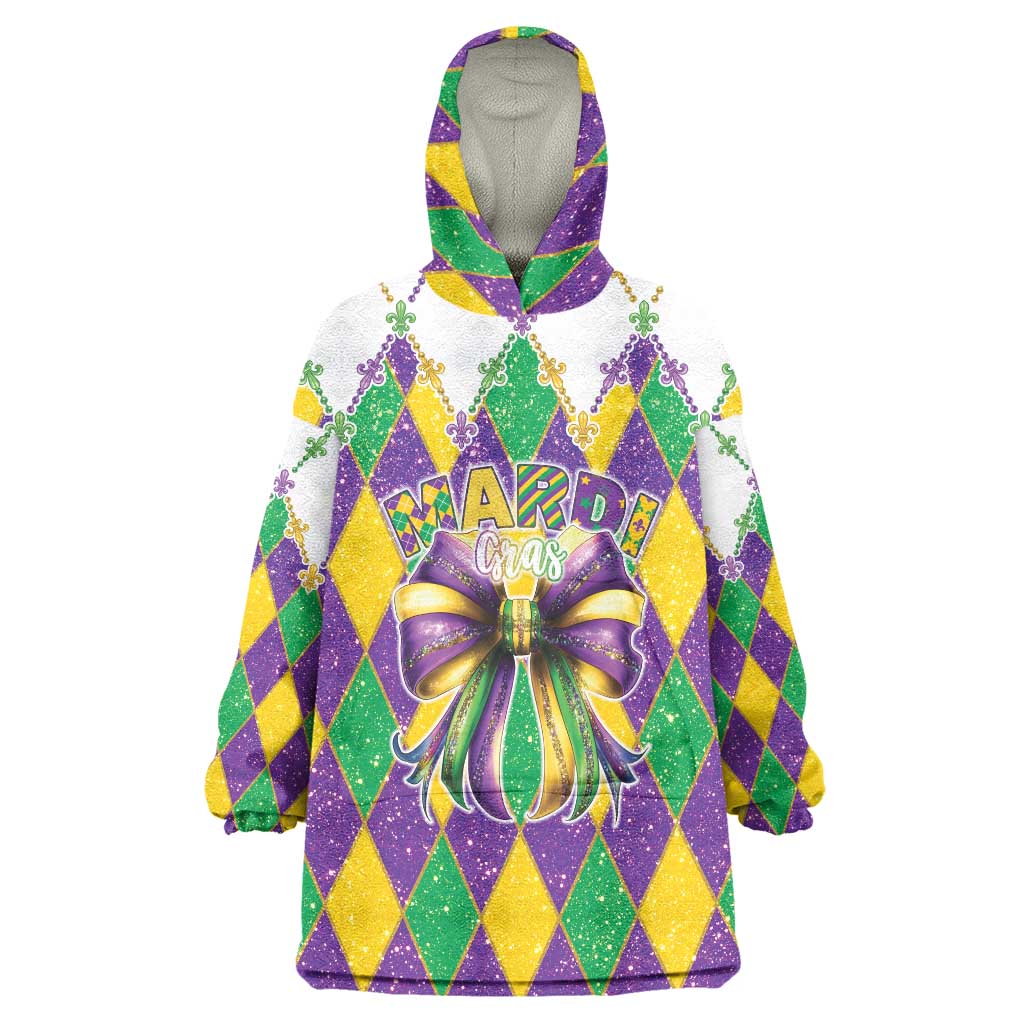 Love Mardi Gras Wearable Blanket Hoodie Coquette Bow Glitter Style